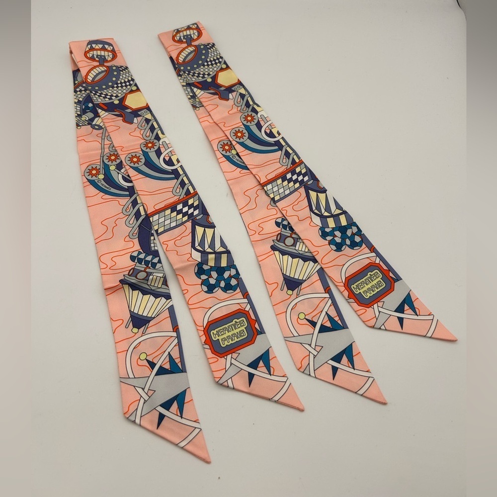Hermes Twilly Set Of 2 Scarf Odyssey Rose Pale bleu Multi-color Silk NWT No Box